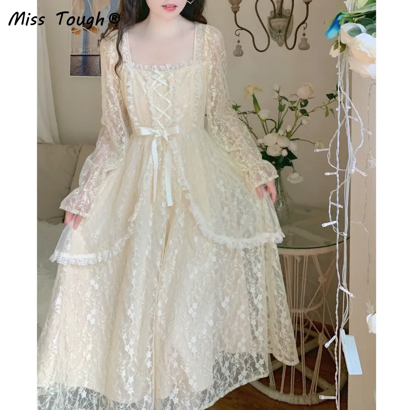 Winter Vintage Fairy Dress Women Lace Patchwork Lolita Party Midi Dress Female Korean Fashion Princess One Piece Dress
