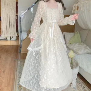 Winter Vintage Fairy Dress Women Lace Patchwork Lolita Party Midi Dress Female Korean Fashion Princess One Piece Dress