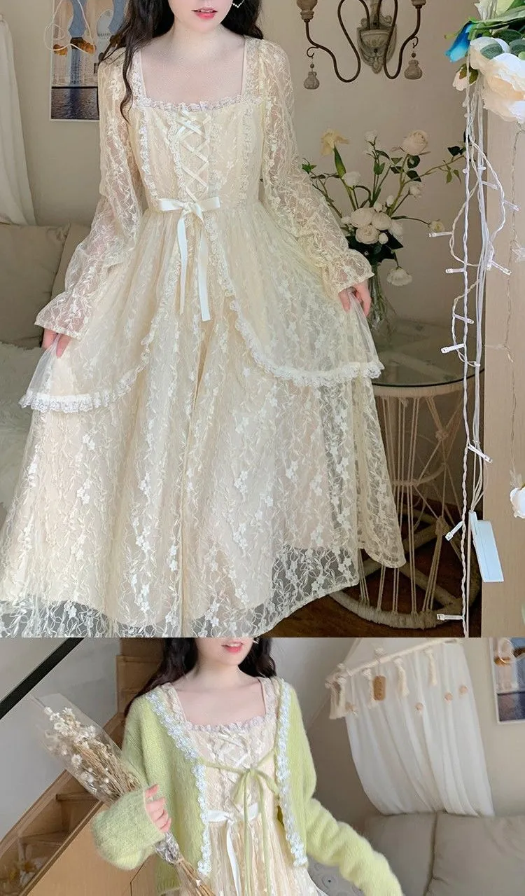 Winter Vintage Fairy Dress Women Lace Patchwork Lolita Party Midi Dress Female Korean Fashion Princess One Piece Dress