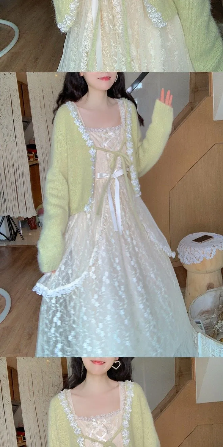 Winter Vintage Fairy Dress Women Lace Patchwork Lolita Party Midi Dress Female Korean Fashion Princess One Piece Dress