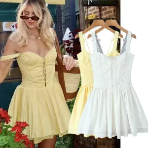 Withered 2025 Summer Womens Dresses Evening Dresses Cotton Tank Dresses Vestidos French Strap Hollow Sleeveless Dresses