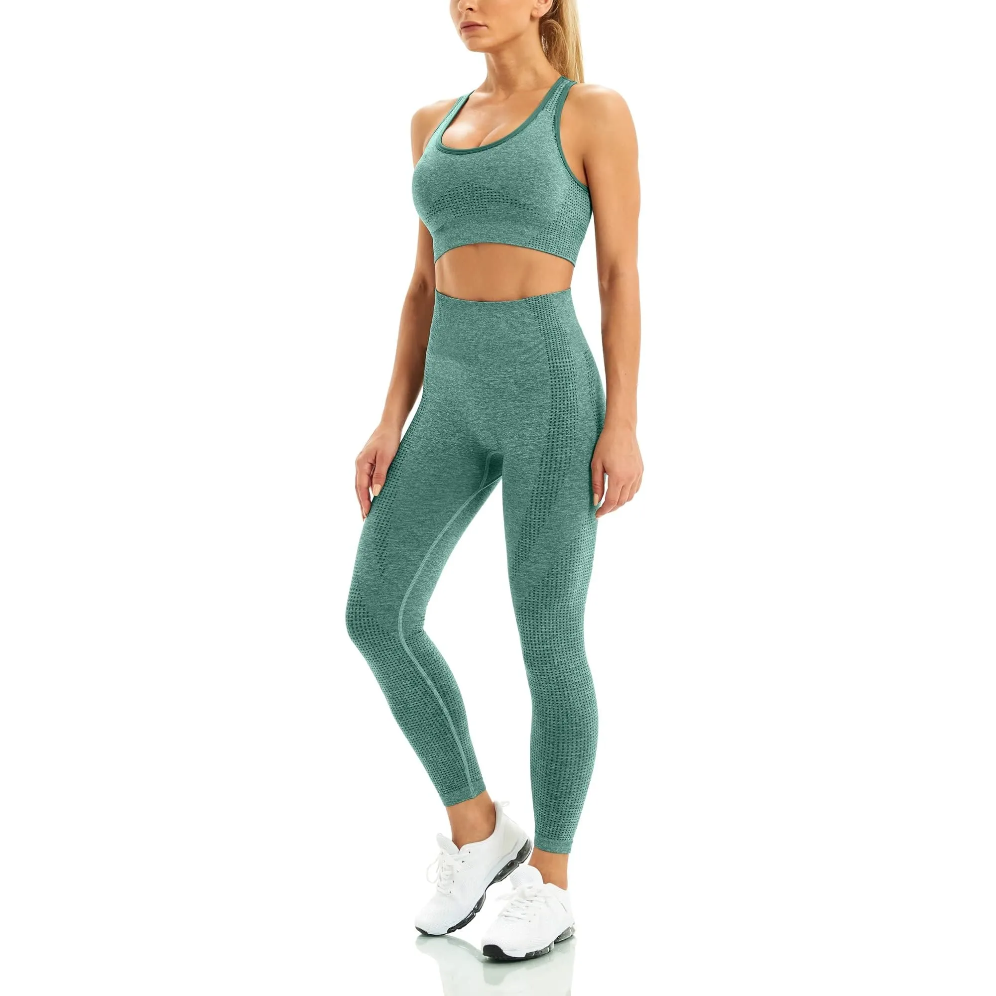 WodoWei Women 2 Piece Workout Outfits Sports Bra Seamless Leggings Yoga Gym Activewear Set (YO610-Green Marl)