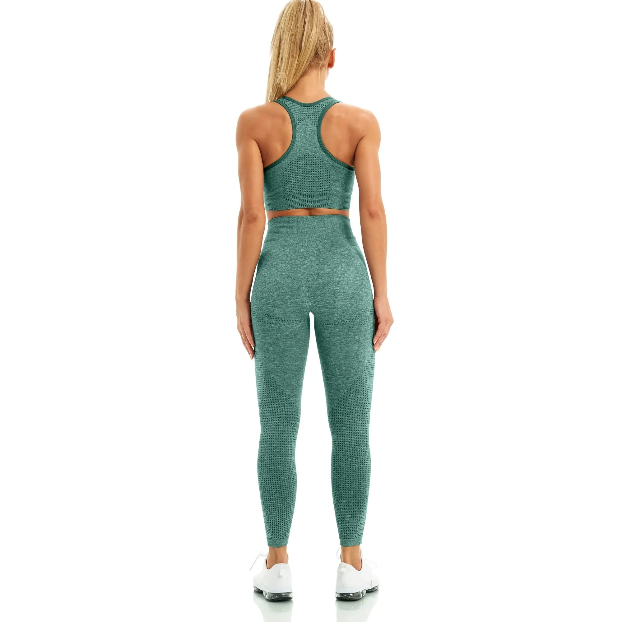 WodoWei Women 2 Piece Workout Outfits Sports Bra Seamless Leggings Yoga Gym Activewear Set (YO610-Green Marl)