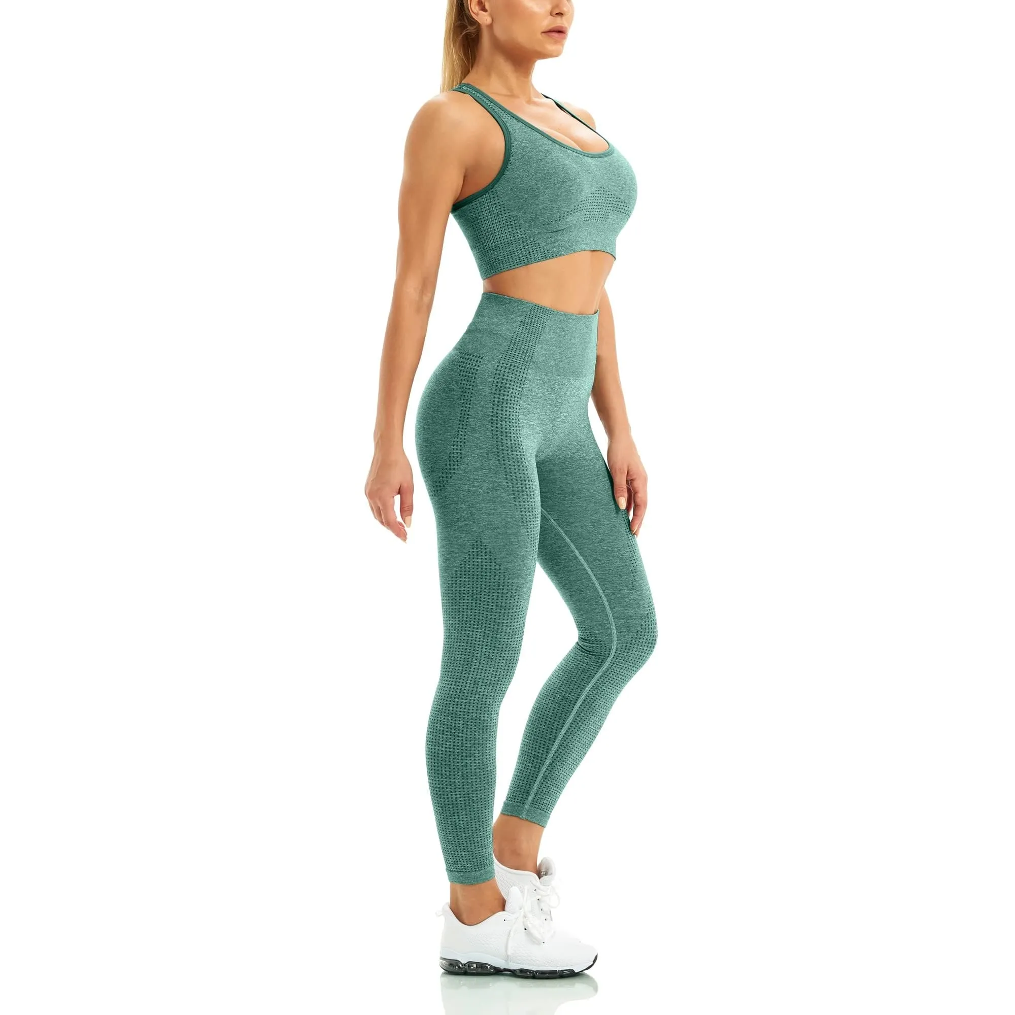 WodoWei Women 2 Piece Workout Outfits Sports Bra Seamless Leggings Yoga Gym Activewear Set (YO610-Green Marl)