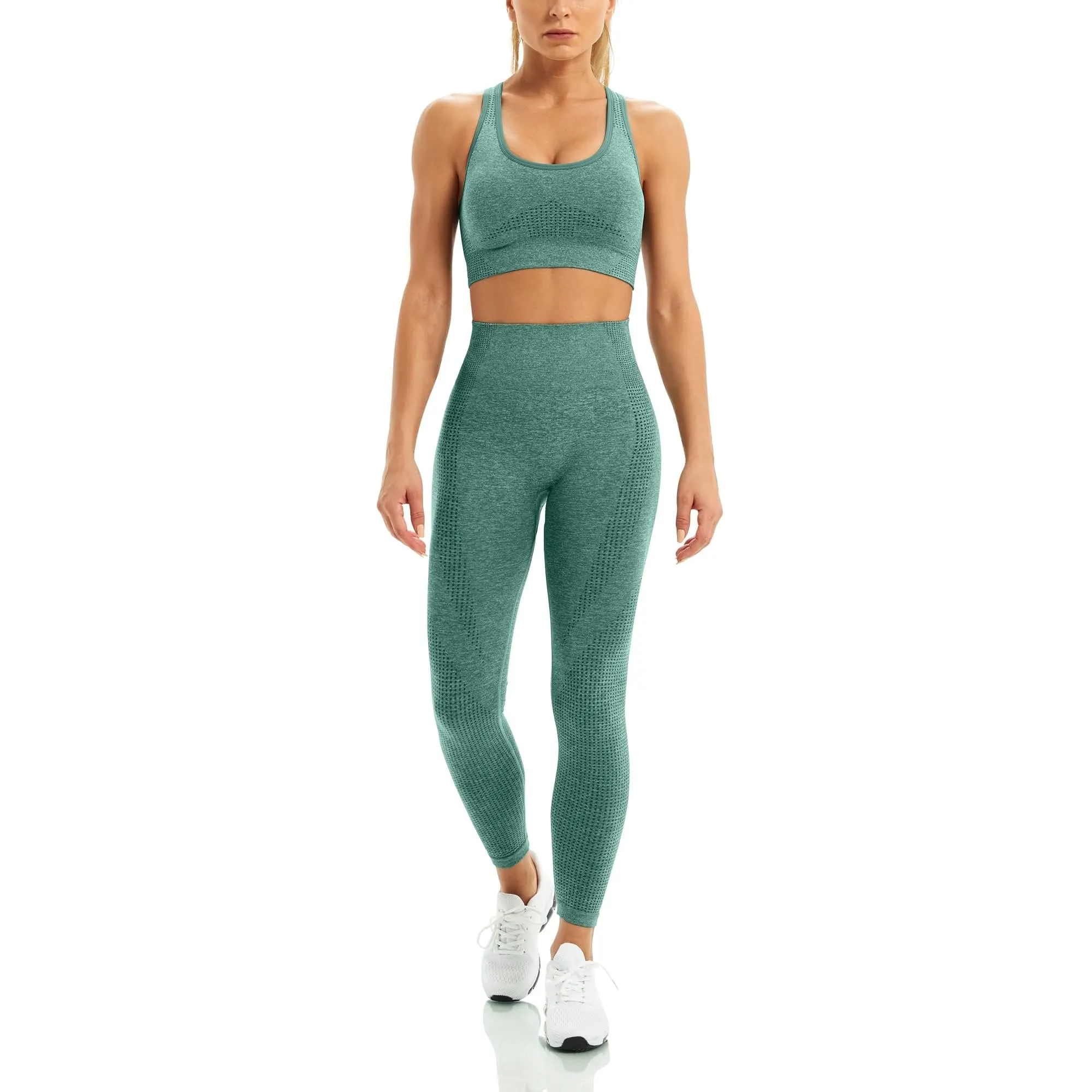 WodoWei Women 2 Piece Workout Outfits Sports Bra Seamless Leggings Yoga Gym Activewear Set (YO610-Green Marl)