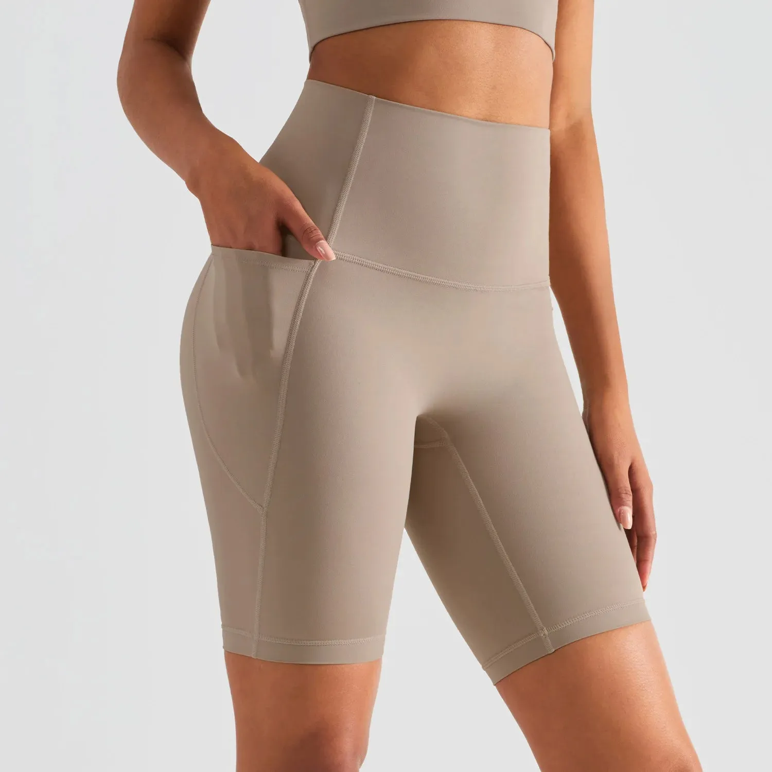 Women High Waist Tummy Control No Front Seam Gym Running Compression Stretchy Exercise Biker Yoga Shorts with Pocket