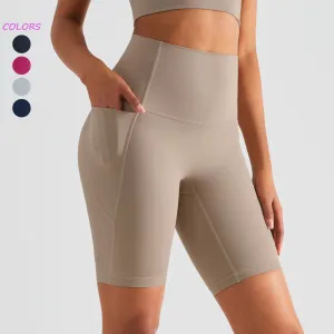 Women High Waist Tummy Control No Front Seam Gym Running Compression Stretchy Exercise Biker Yoga Shorts with Pocket