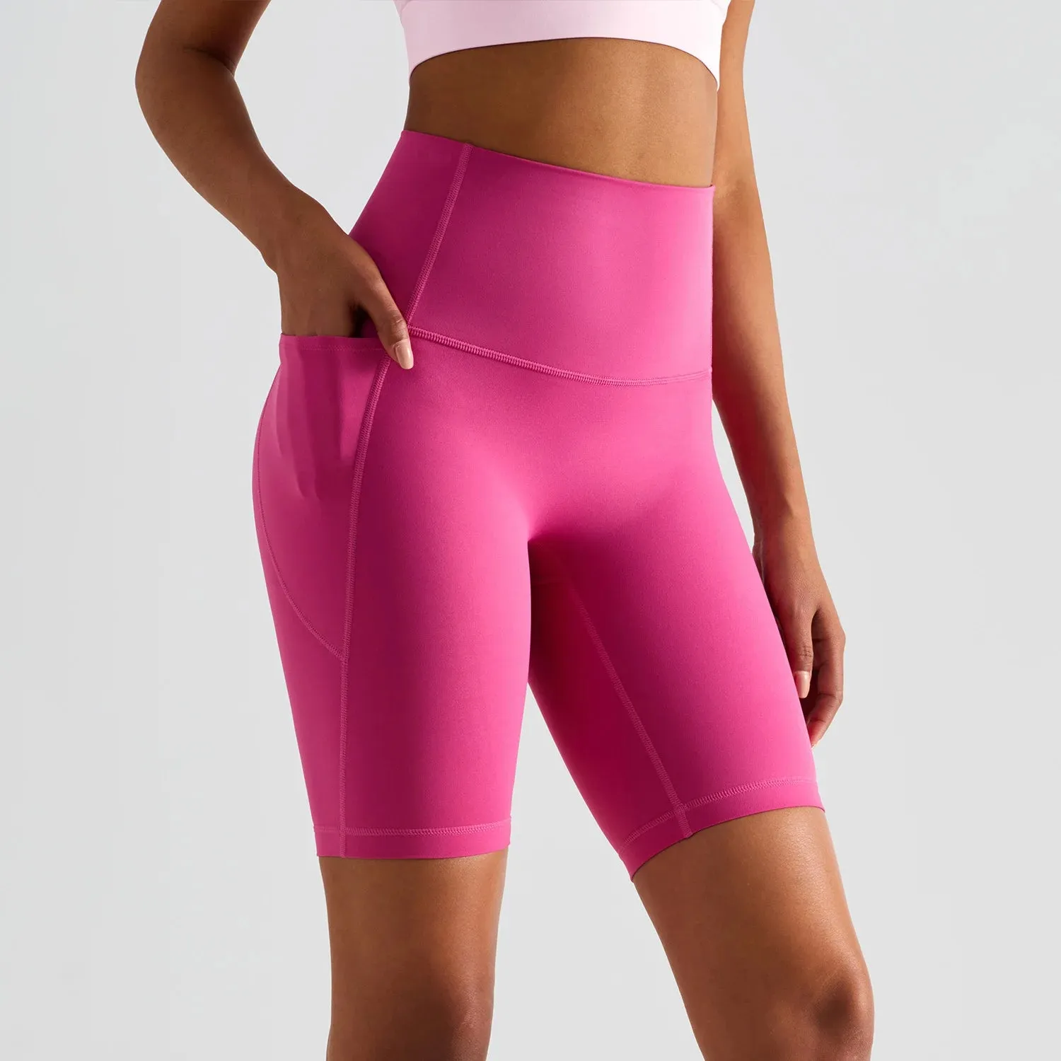 Women High Waist Tummy Control No Front Seam Gym Running Compression Stretchy Exercise Biker Yoga Shorts with Pocket