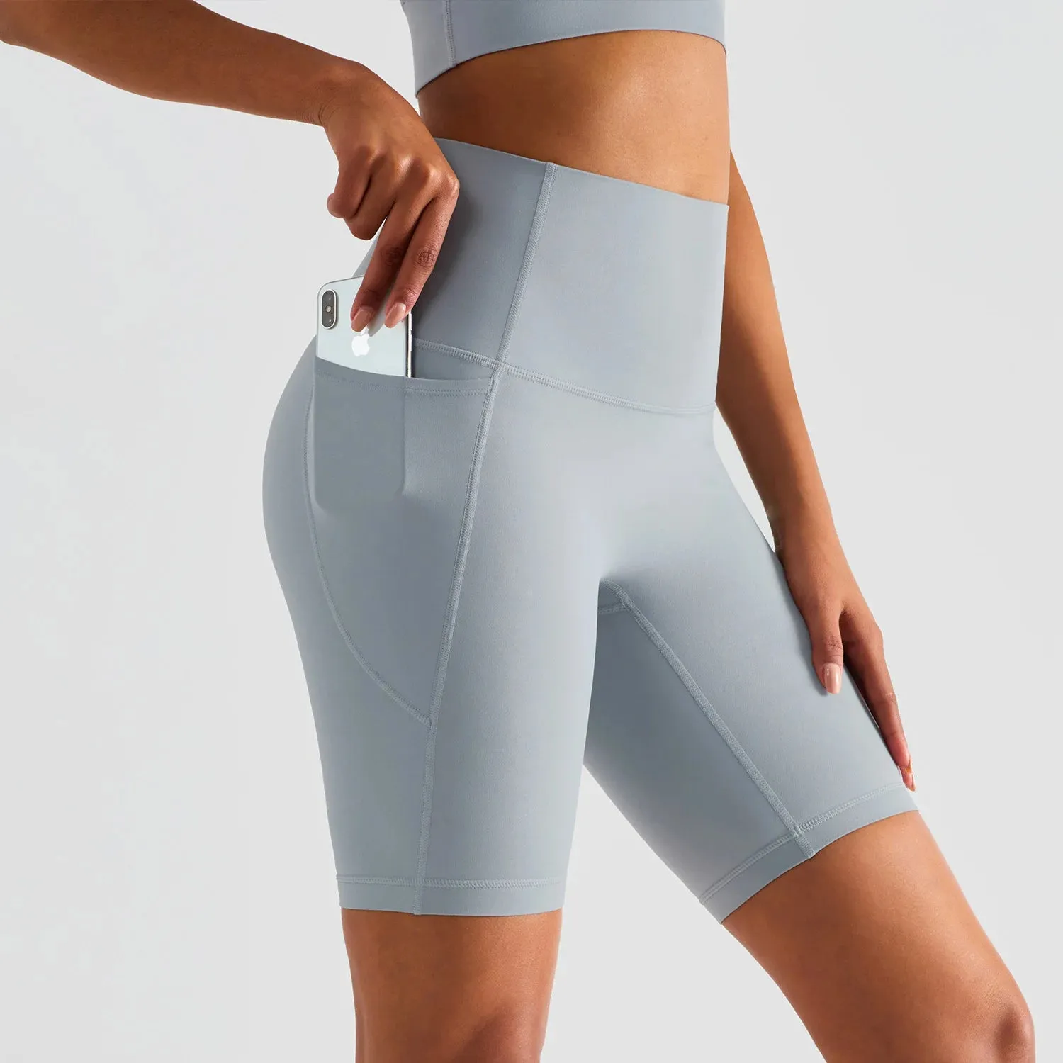 Women High Waist Tummy Control No Front Seam Gym Running Compression Stretchy Exercise Biker Yoga Shorts with Pocket