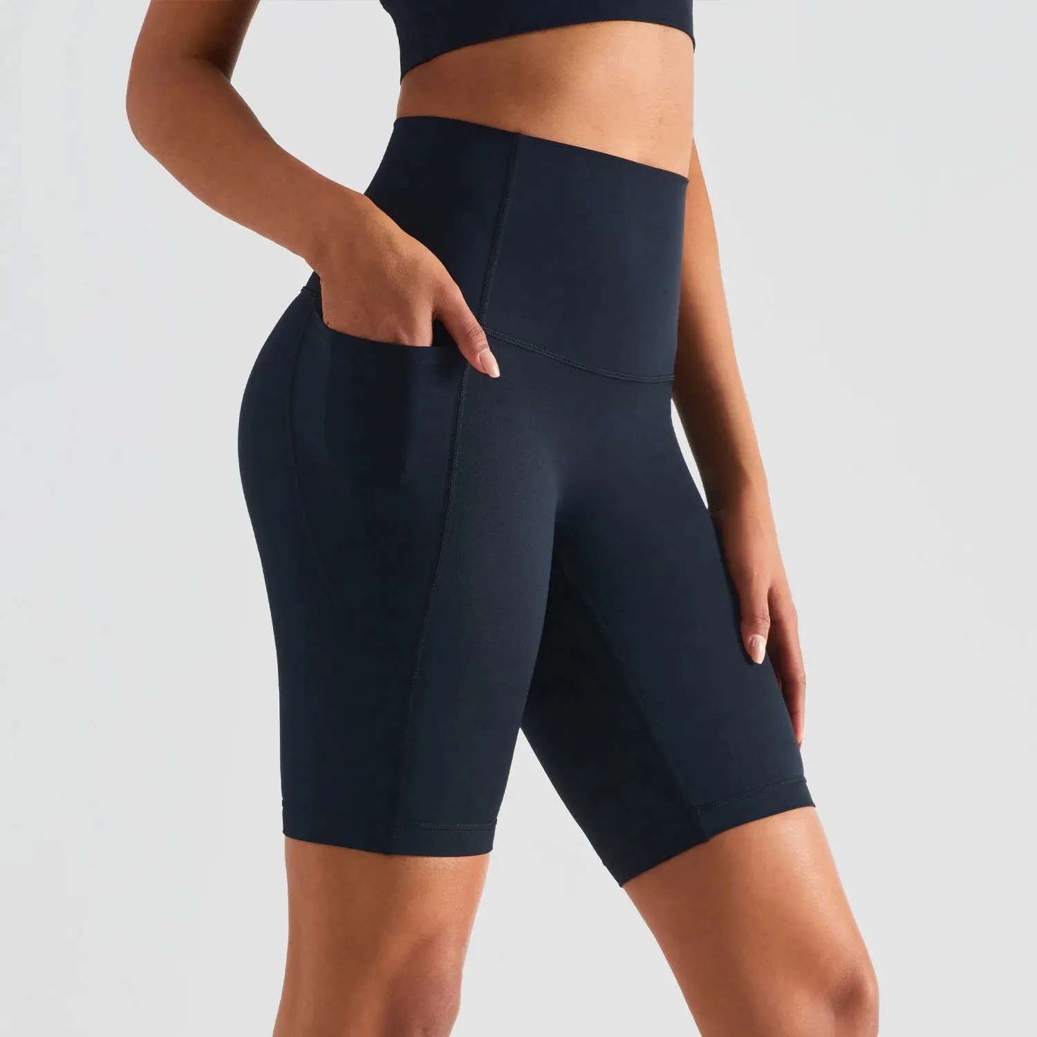Women High Waist Tummy Control No Front Seam Gym Running Compression Stretchy Exercise Biker Yoga Shorts with Pocket