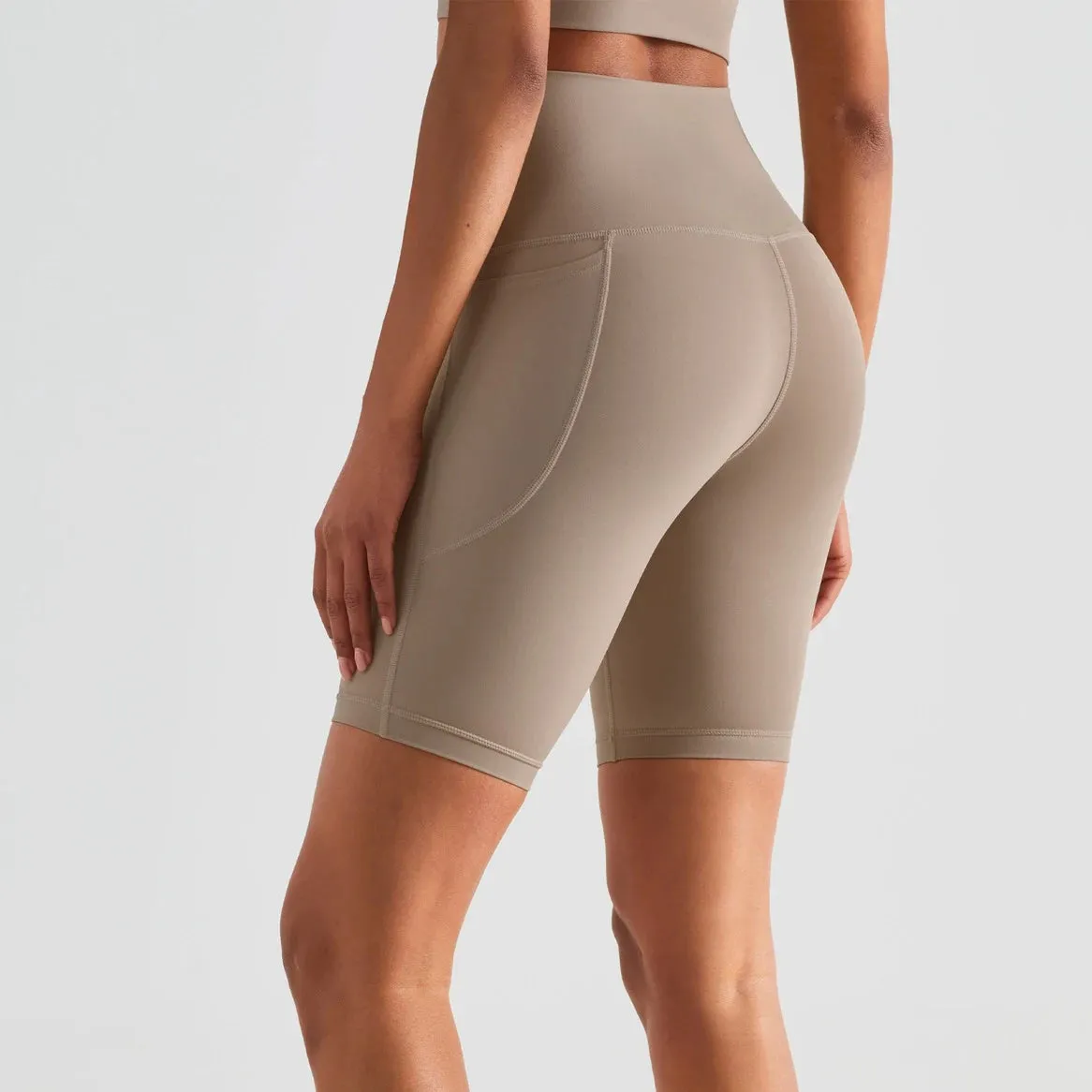 Women High Waist Tummy Control No Front Seam Gym Running Compression Stretchy Exercise Biker Yoga Shorts with Pocket