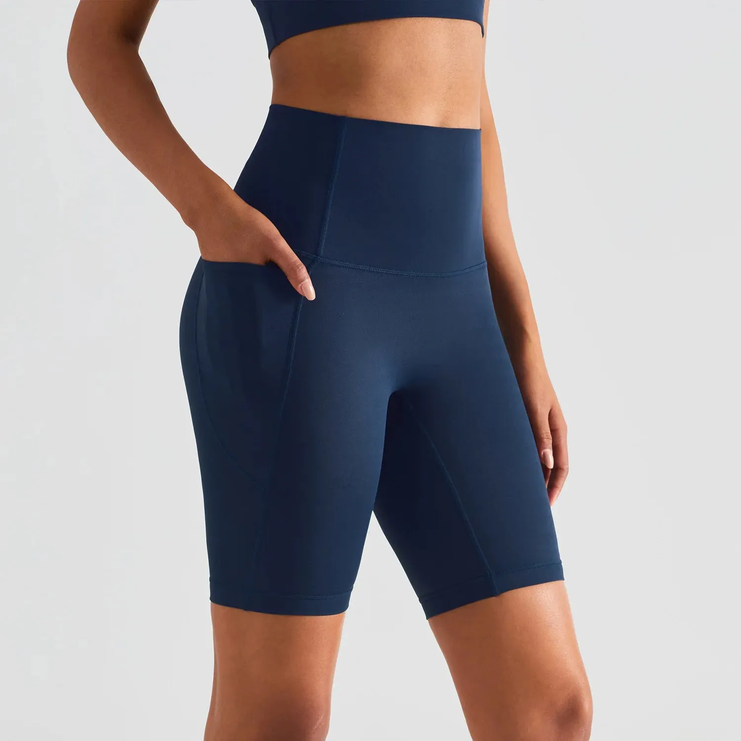 Women High Waist Tummy Control No Front Seam Gym Running Compression Stretchy Exercise Biker Yoga Shorts with Pocket