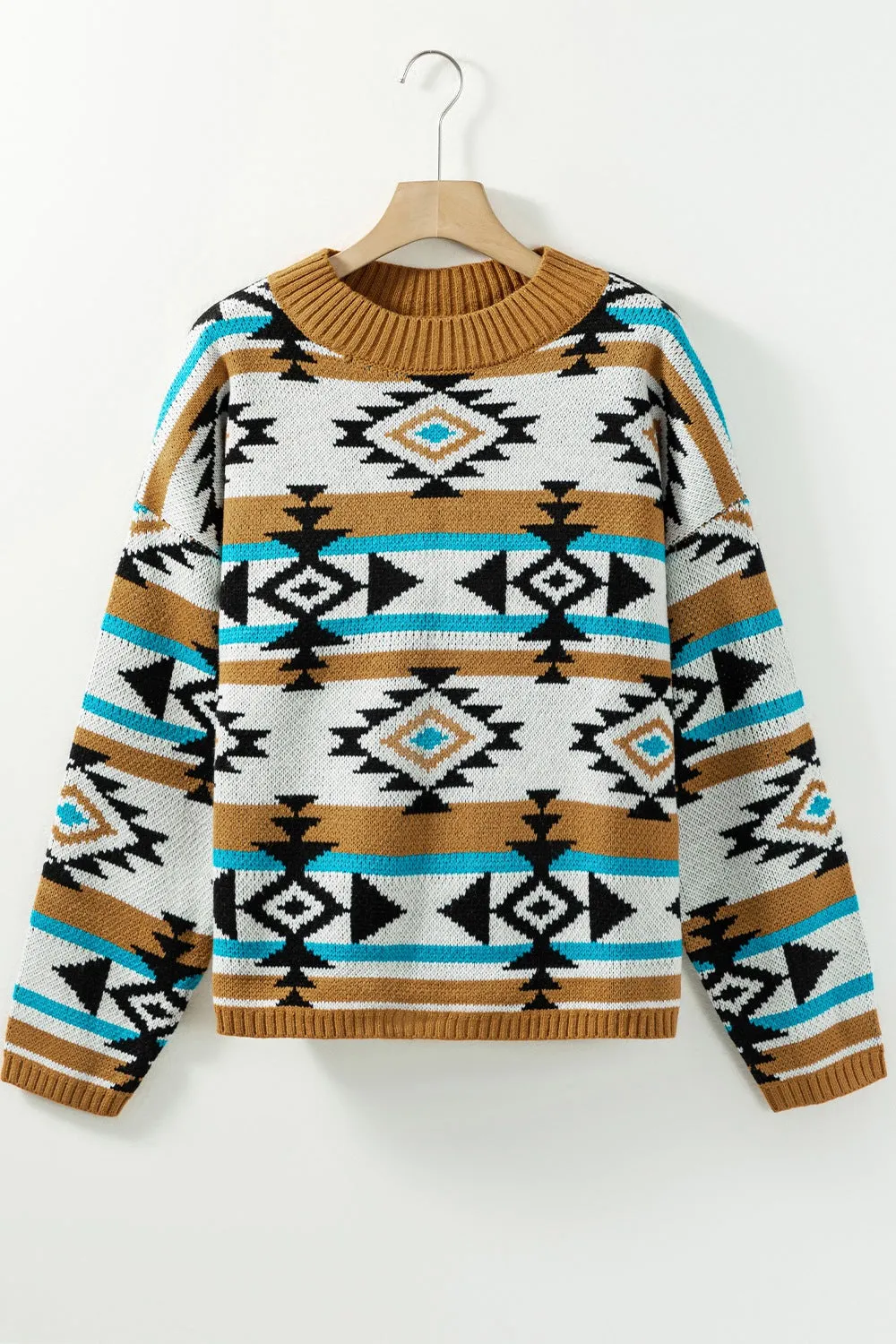 Women's Geometric Round Neck Long Sleeve Sweater | Soft Acrylic | Comfortable Everyday Sweatshirt