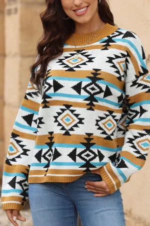 Women's Geometric Round Neck Long Sleeve Sweater | Soft Acrylic | Comfortable Everyday Sweatshirt