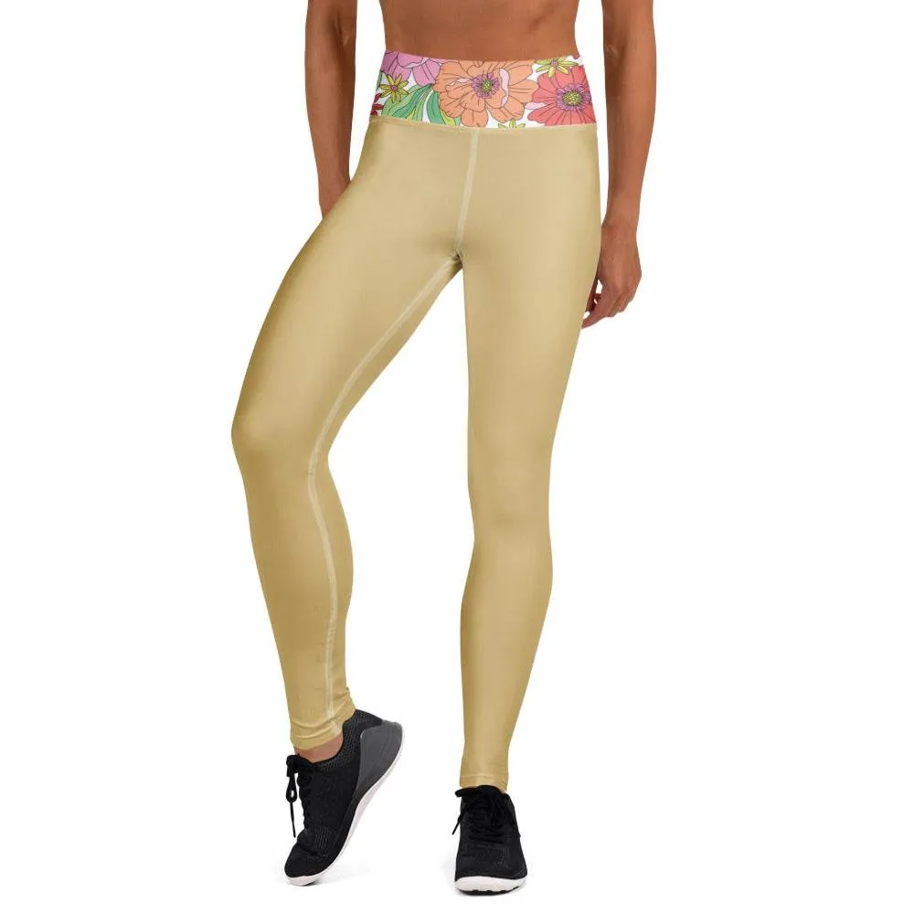 Women's Golden Floral Yoga Leggings - Fitness Apparel