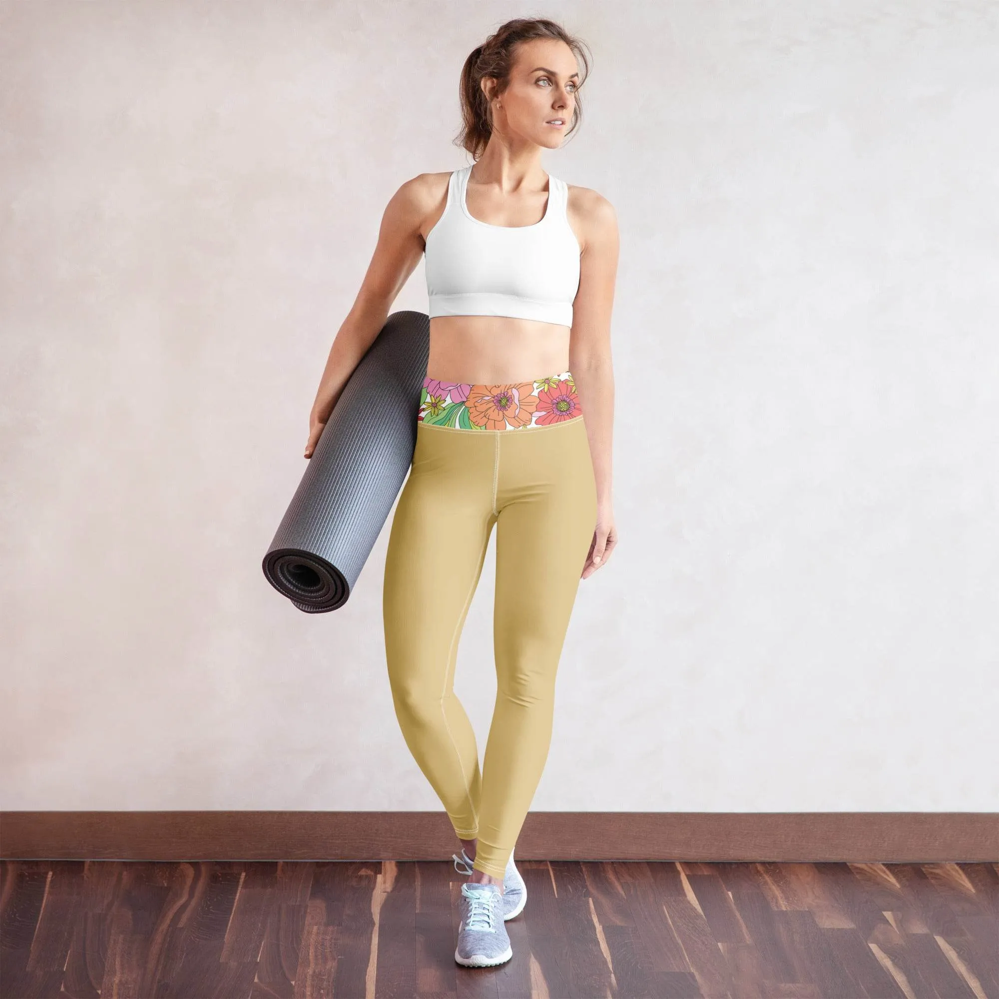 Women's Golden Floral Yoga Leggings - Fitness Apparel