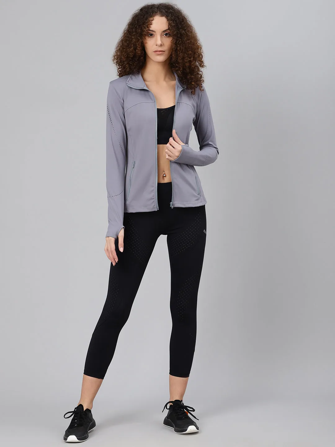 Women's Grey Solid Front-Open Active Jacket