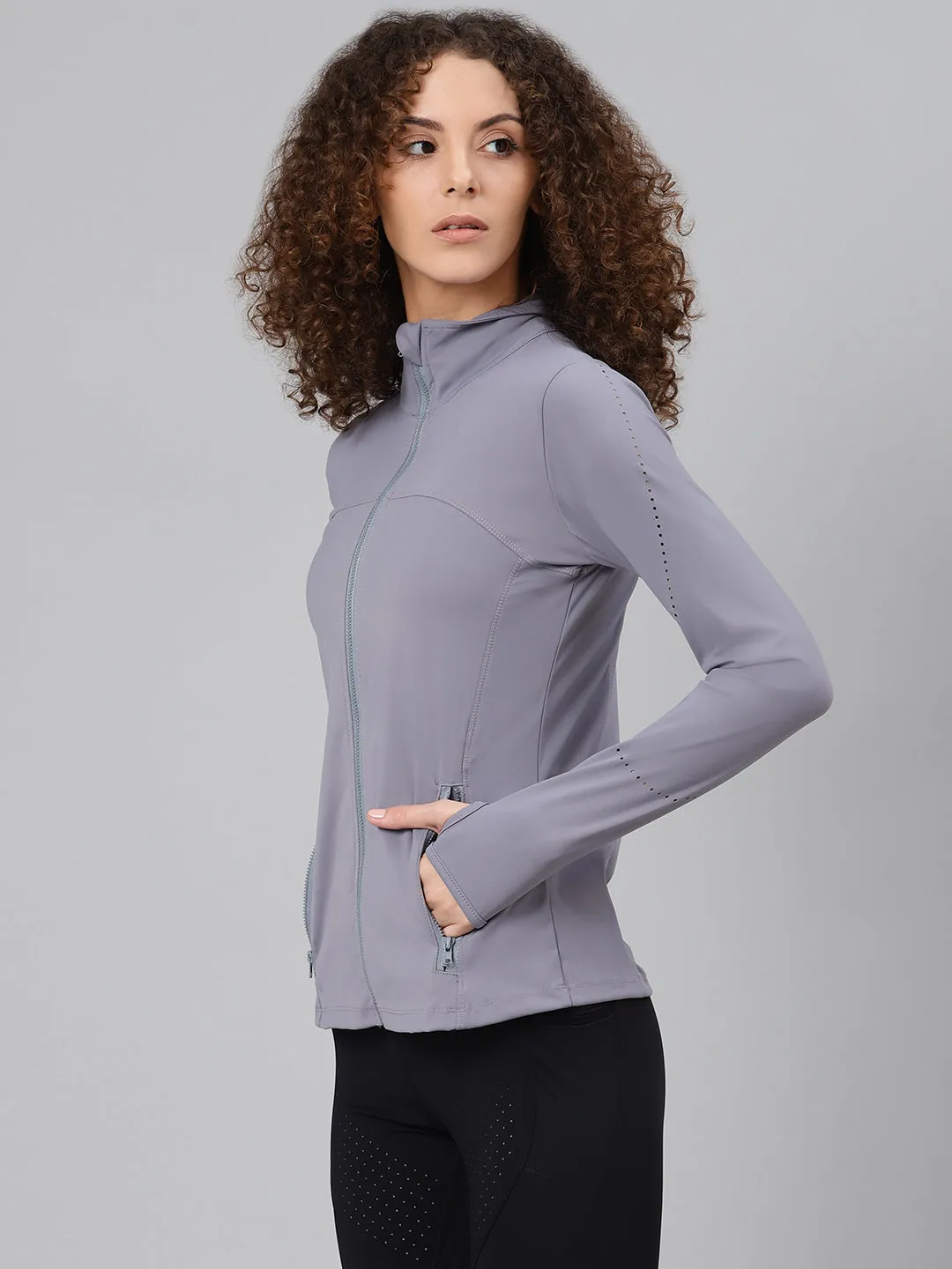 Women's Grey Solid Front-Open Active Jacket