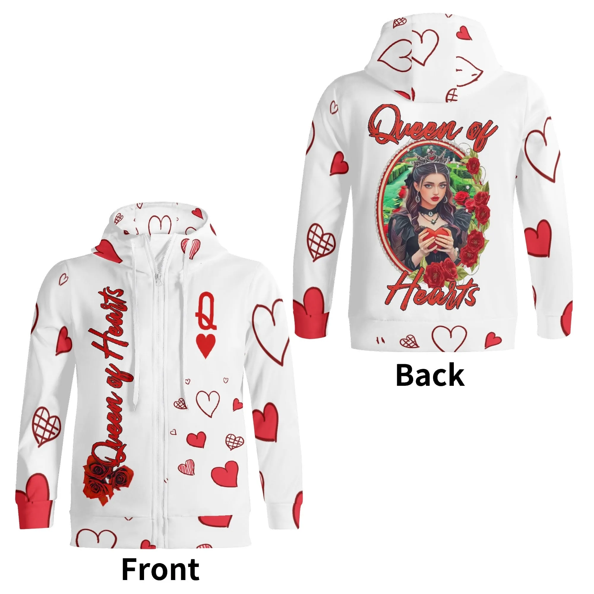 Women's Roses Pattern Queen of Hearts Graphic Zipup Hoodie