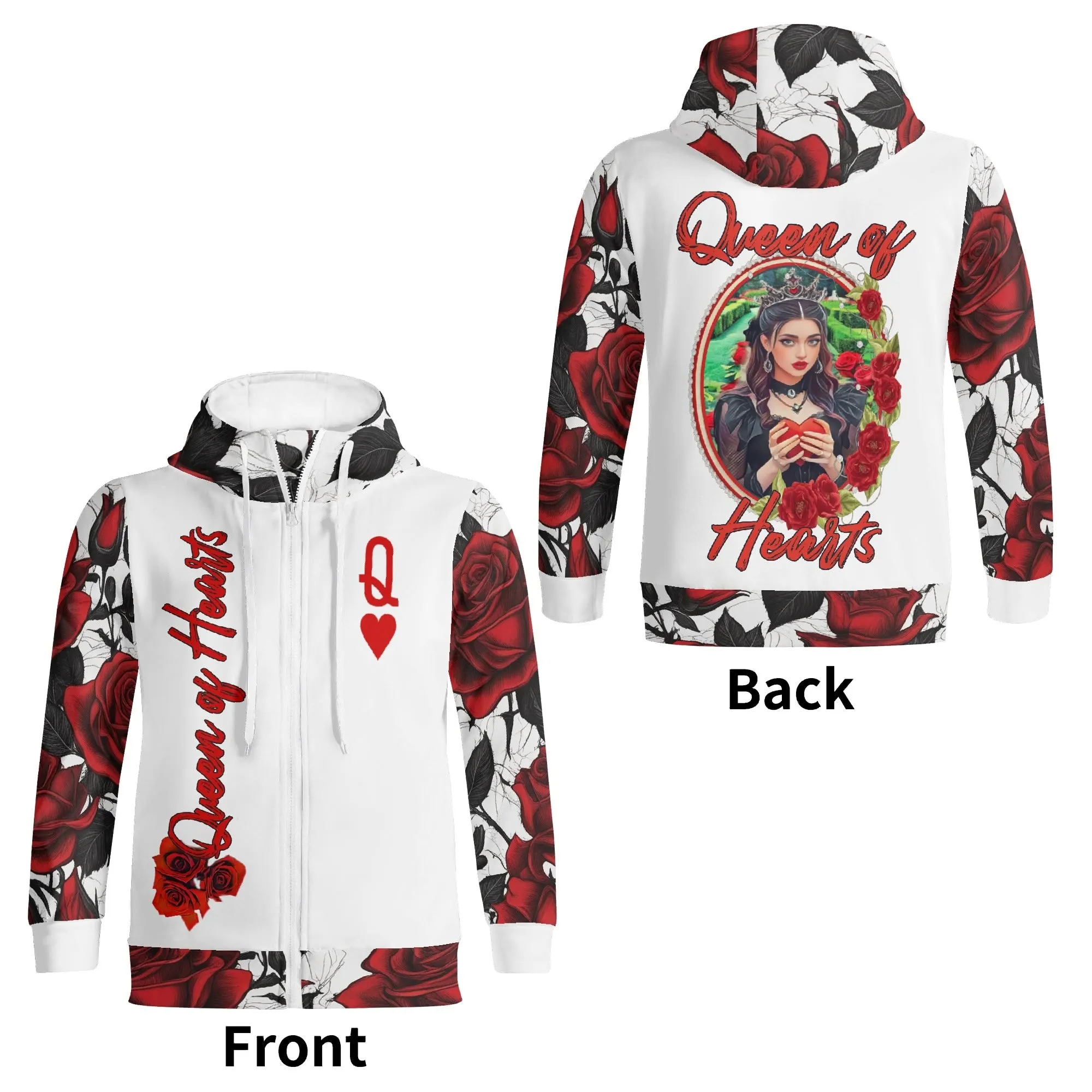 Women's Roses Pattern Queen of Hearts Graphic Zipup Hoodie