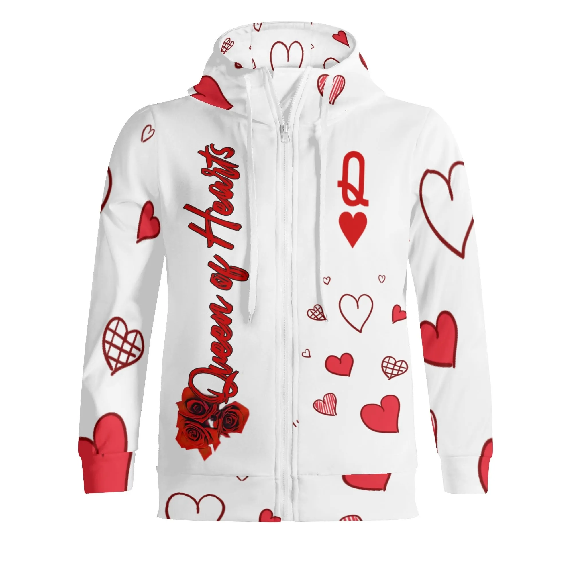 Women's Roses Pattern Queen of Hearts Graphic Zipup Hoodie