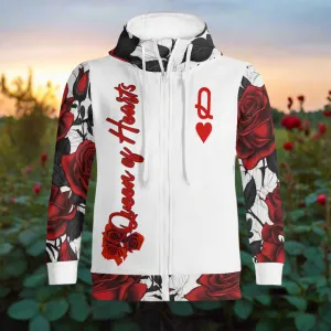 Women's Roses Pattern Queen of Hearts Graphic Zipup Hoodie
