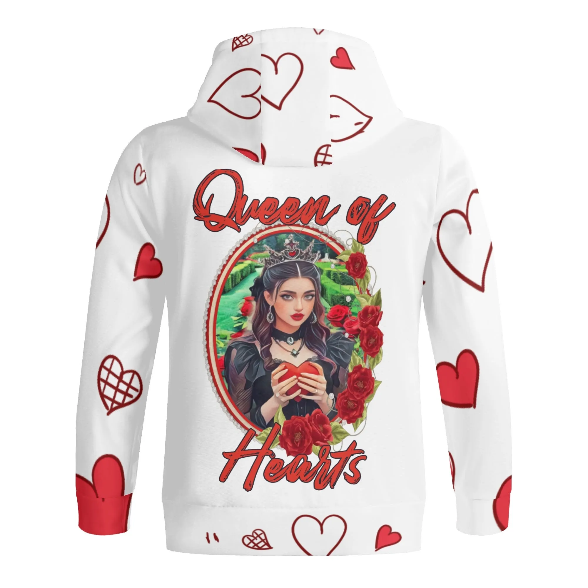 Women's Roses Pattern Queen of Hearts Graphic Zipup Hoodie