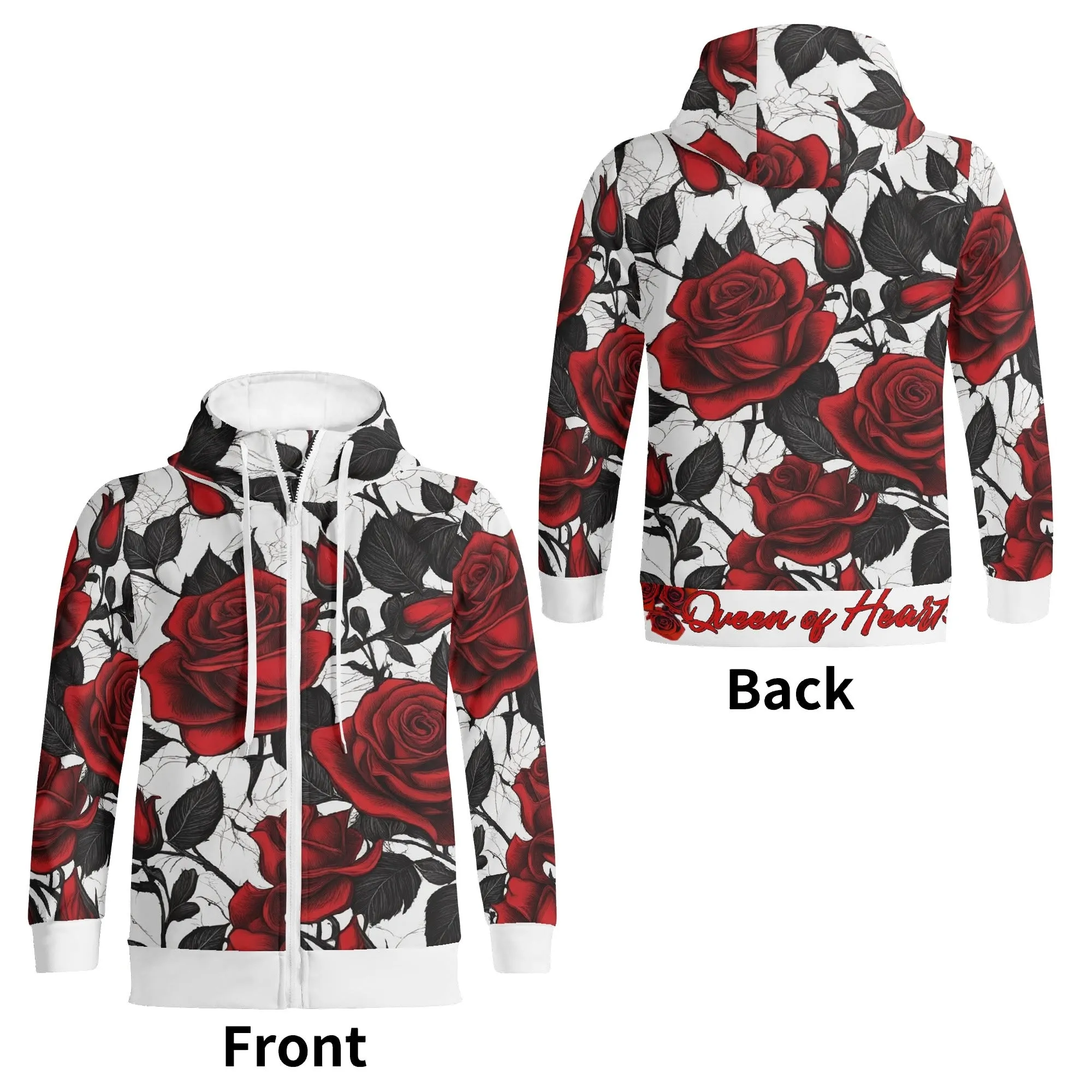 Women's Roses Pattern Queen of Hearts Graphic Zipup Hoodie