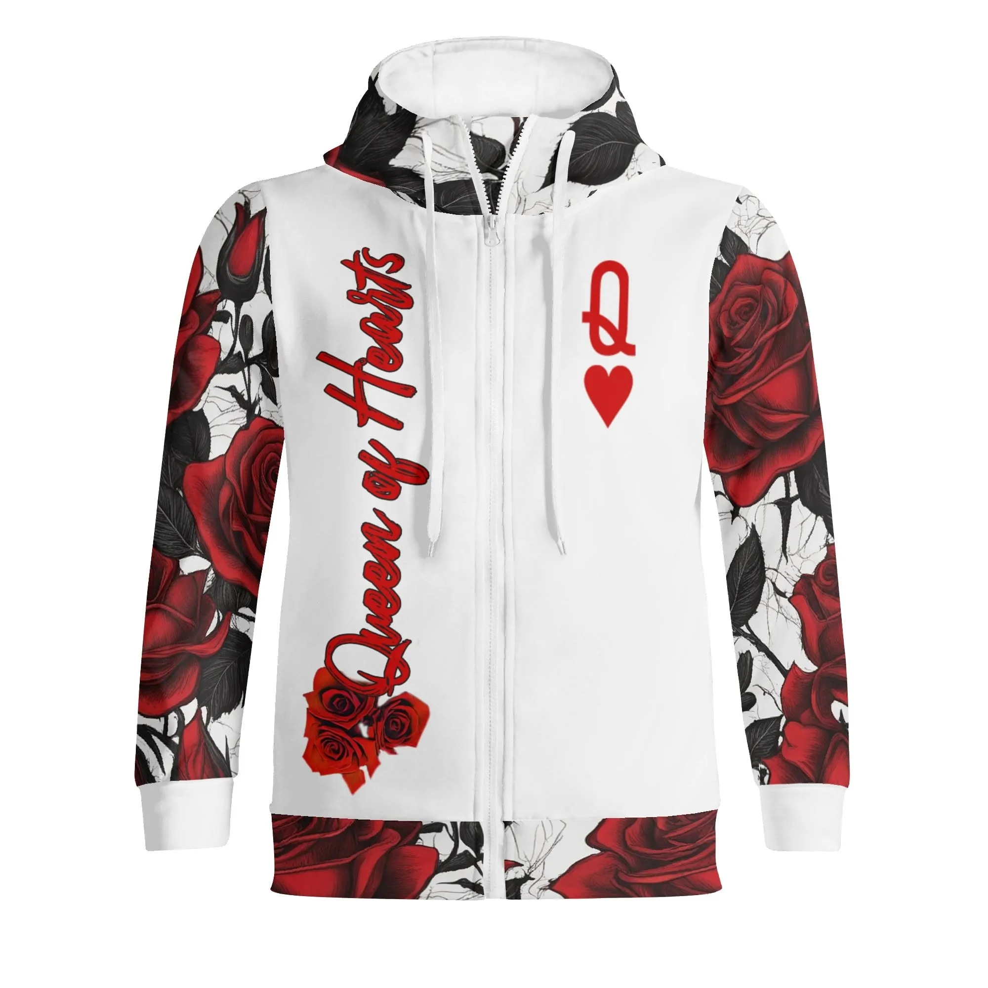 Women's Roses Pattern Queen of Hearts Graphic Zipup Hoodie