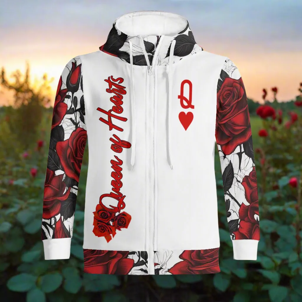 Women's Roses Pattern Queen of Hearts Graphic Zipup Hoodie