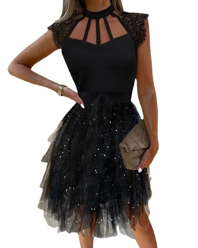 Women's Short Lace Sleeve Mini Dress with Tutu Style Skirt