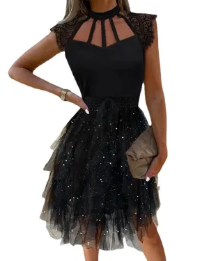 Women's Short Lace Sleeve Mini Dress with Tutu Style Skirt