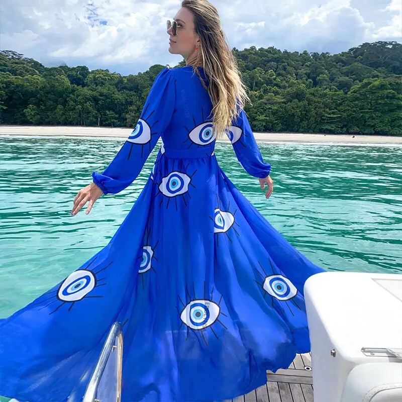 Wrinkle-Free Pink Eyes Chiffon Dresses Sexy Short Sleeve  Summer Beach Dress Women Beach Wear Swim Suit Cover Up D1