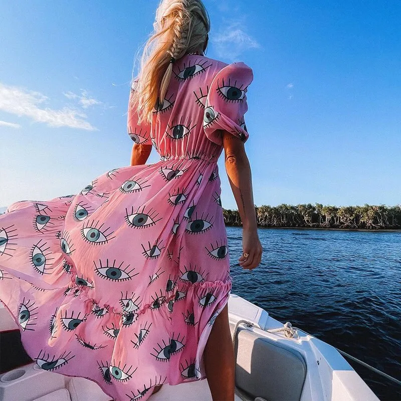 Wrinkle-Free Pink Eyes Chiffon Dresses Sexy Short Sleeve  Summer Beach Dress Women Beach Wear Swim Suit Cover Up D1
