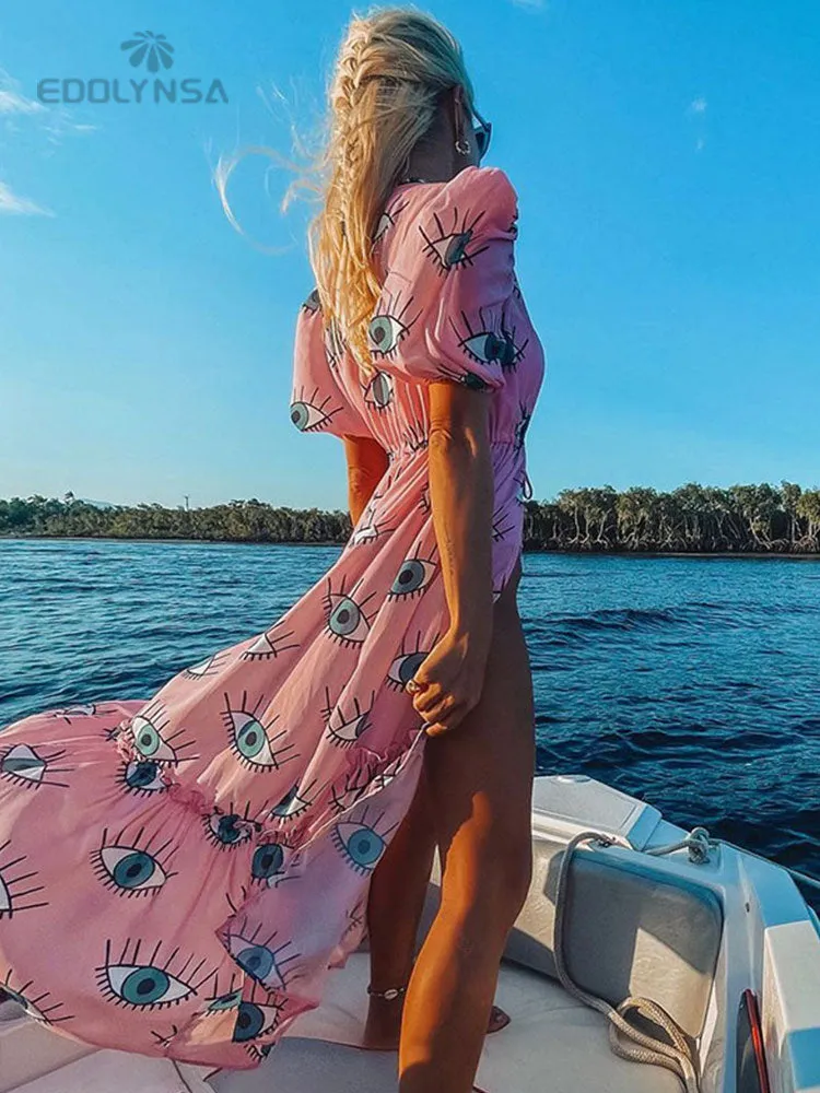 Wrinkle-Free Pink Eyes Chiffon Dresses Sexy Short Sleeve  Summer Beach Dress Women Beach Wear Swim Suit Cover Up D1