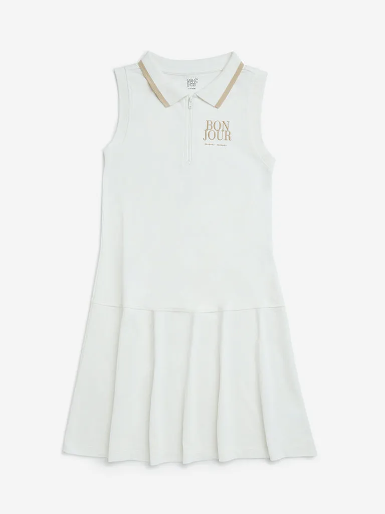 Y&F Kids White Text Printed Cotton Tennis Dress