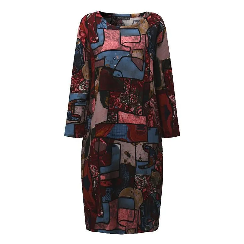 ZANZEA Women Autumn Vintage Mid-calf Length Dress Casual Loose Long Sleeve O Neck Printed Dresses Vestidos Oversized