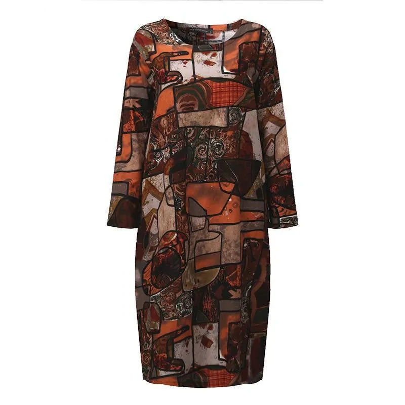 ZANZEA Women Autumn Vintage Mid-calf Length Dress Casual Loose Long Sleeve O Neck Printed Dresses Vestidos Oversized